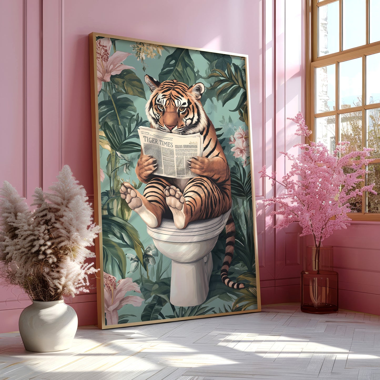 a painting of a tiger sitting on top of a toilet