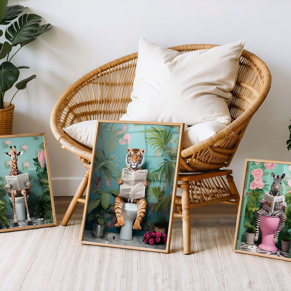 a wicker chair sitting next to a bunch of pictures