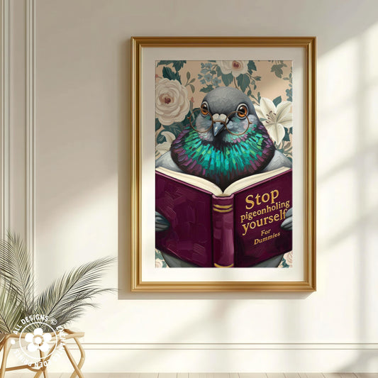 Funny Pigeon Reading Book Art – Quirky Bird Lover Wall Decor