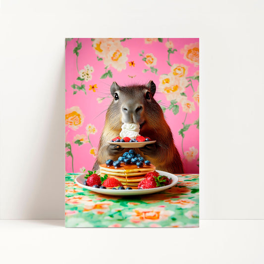 a capybara eating a stack of pancakes and berries