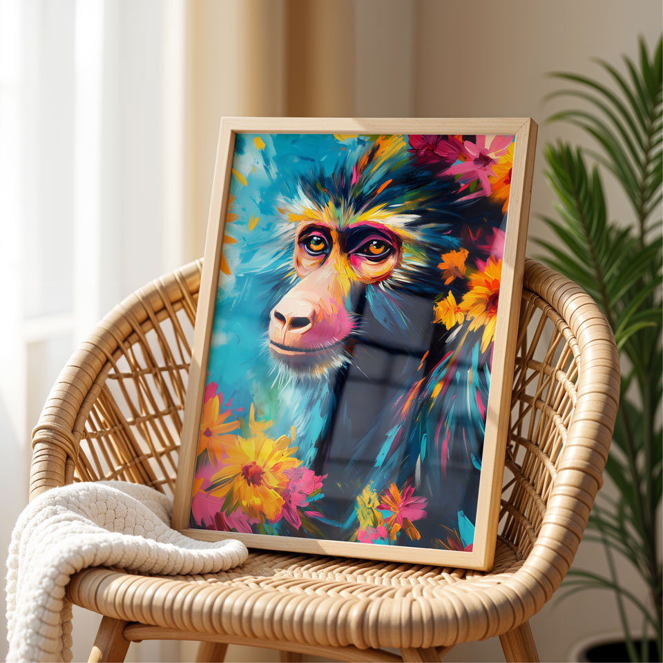 a painting of a monkey on a wicker chair
