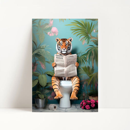 a tiger sitting on a toilet reading a newspaper