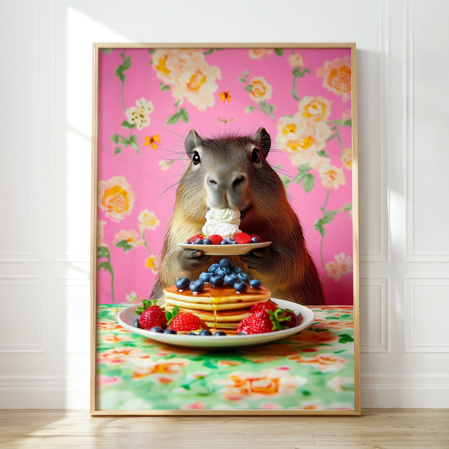 a picture of a rodent eating a stack of pancakes