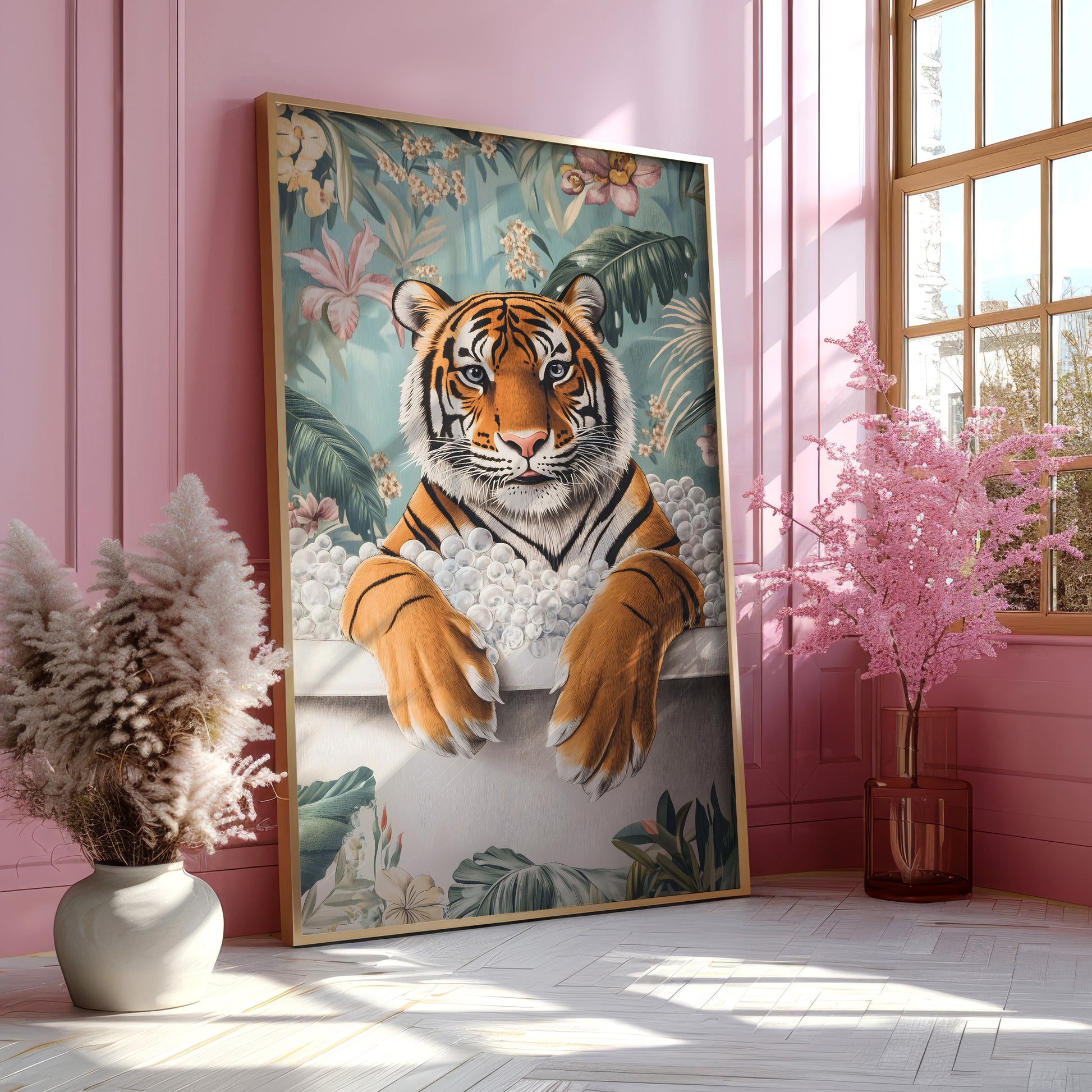 a picture of a tiger in a bathroom