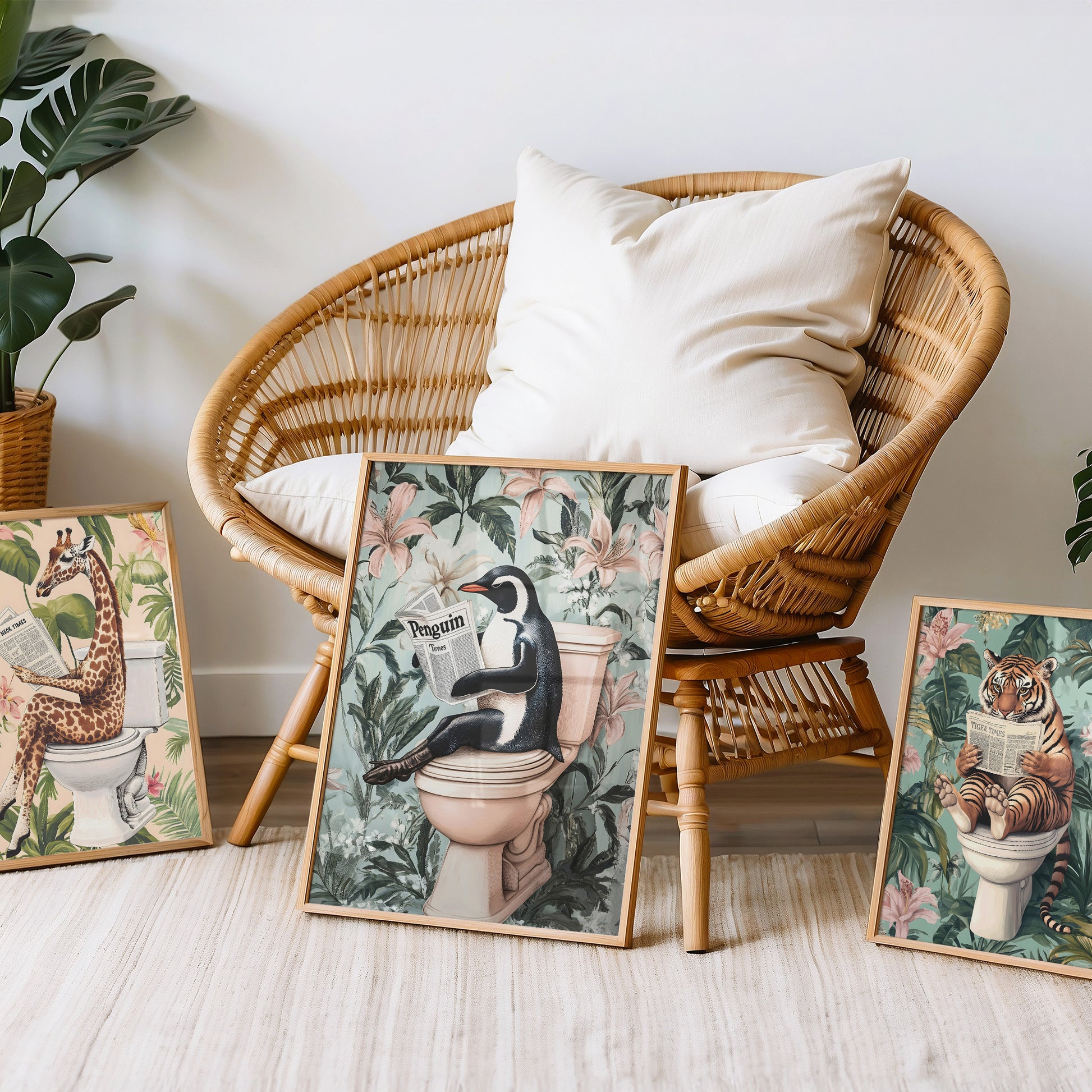 a wicker chair sitting next to a bunch of pictures