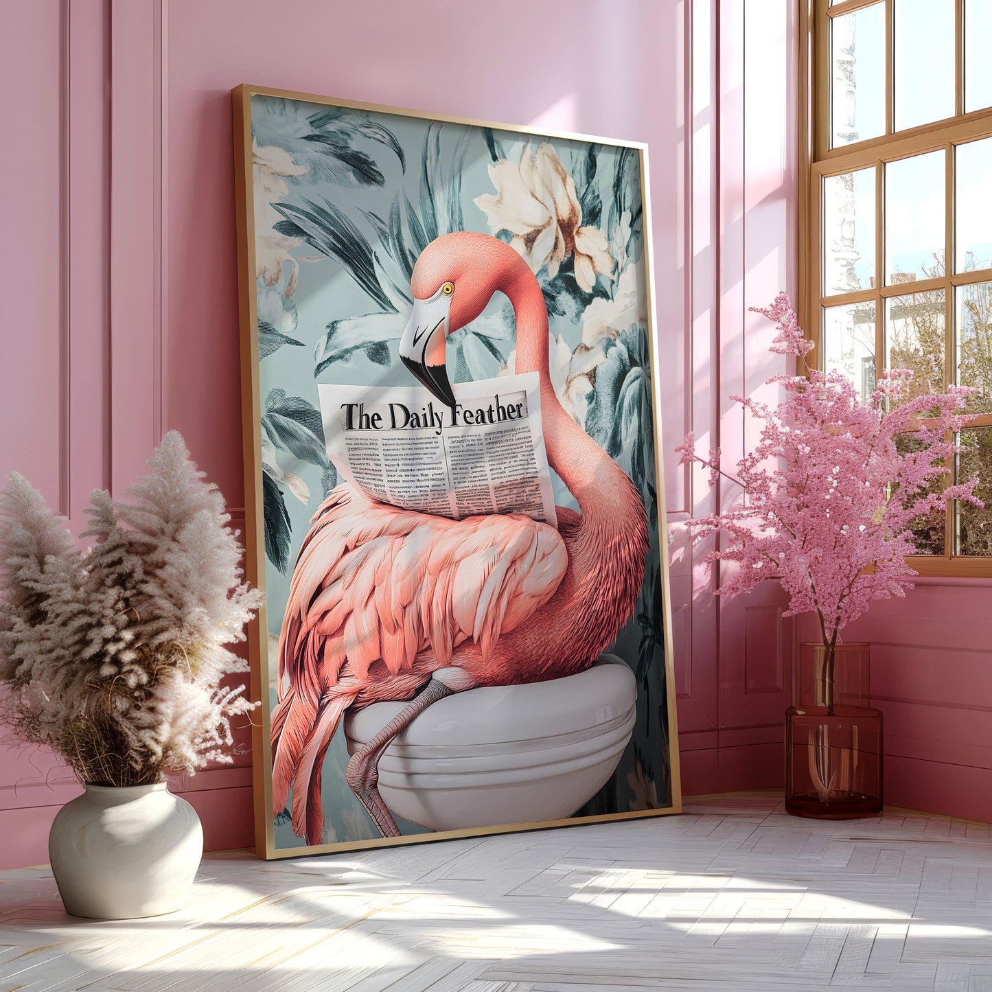 a flamingo is sitting on a toilet in a pink room