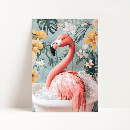 a painting of a pink flamingo in a bathtub