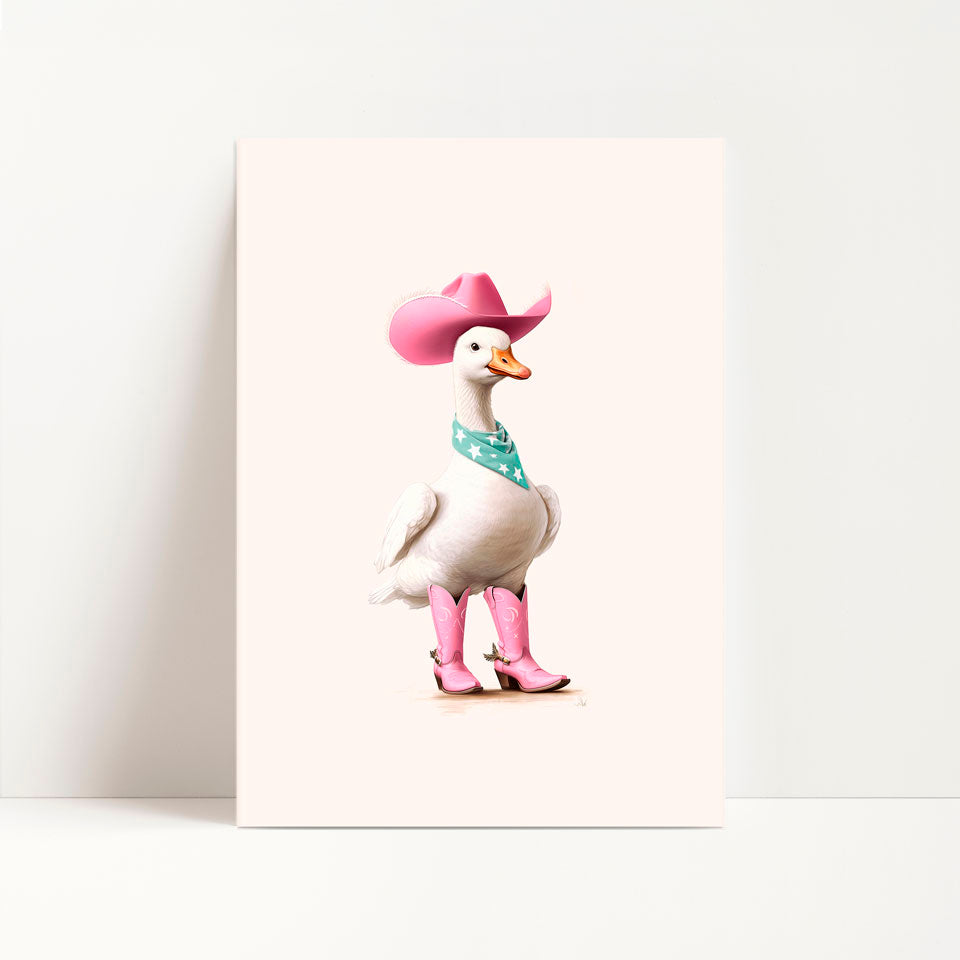 a card with a picture of a duck wearing a pink hat