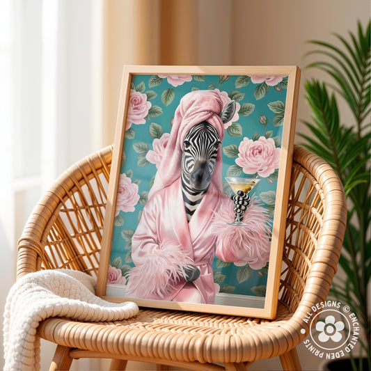 Funny Zebra in Robe Poster – Glam Bathroom & Bar Wall Art