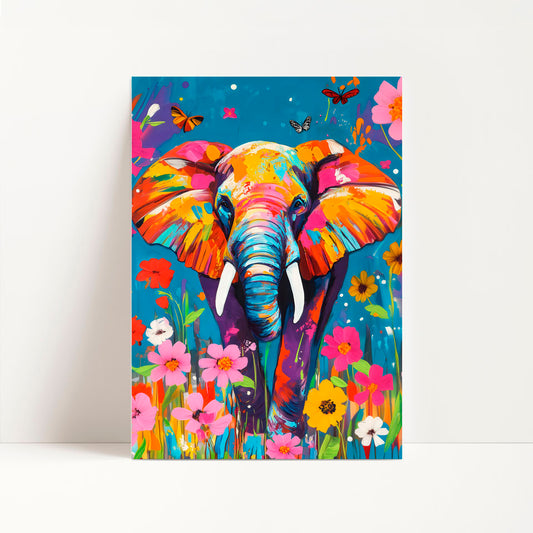 a painting of an elephant in a field of flowers