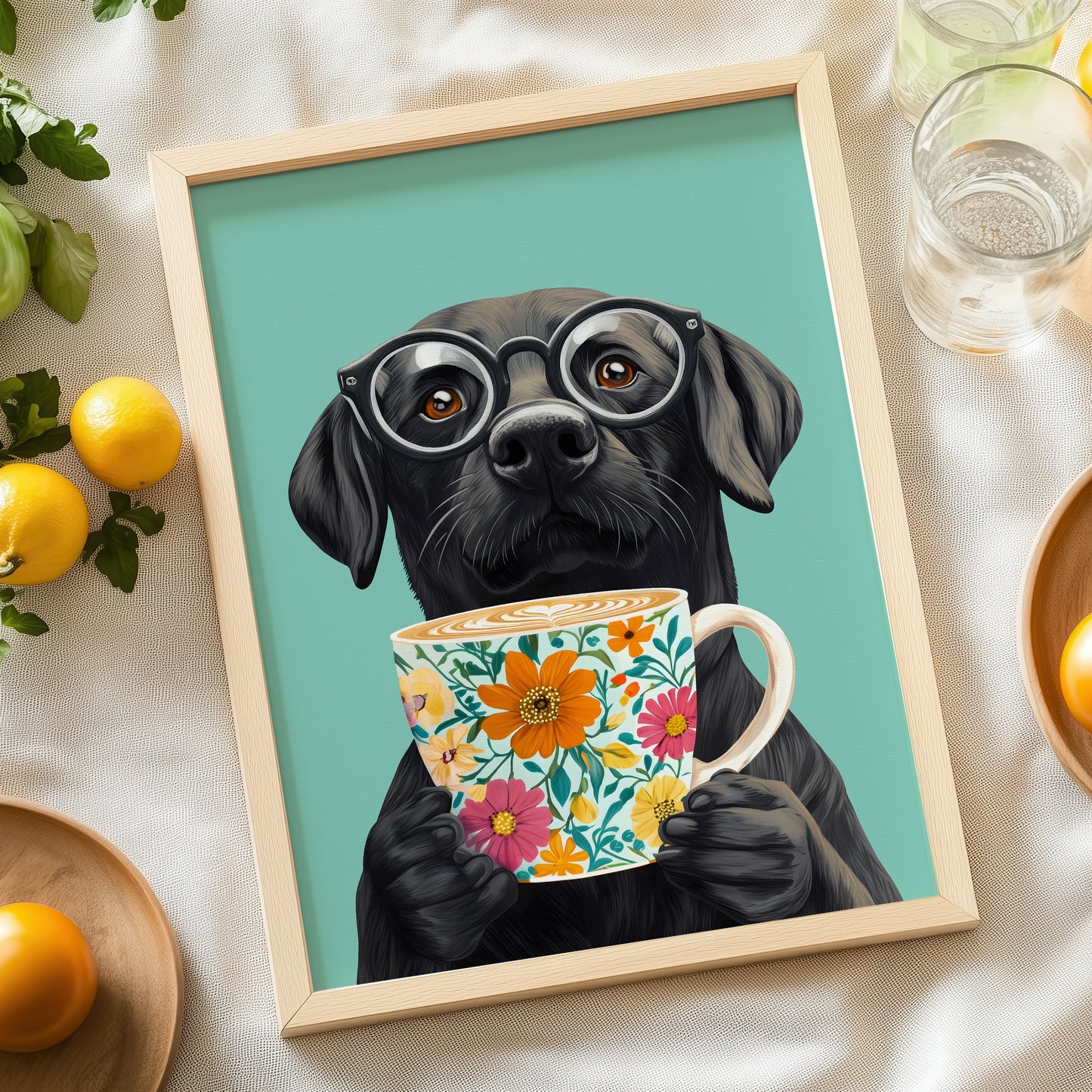 a picture of a dog with glasses holding a cup