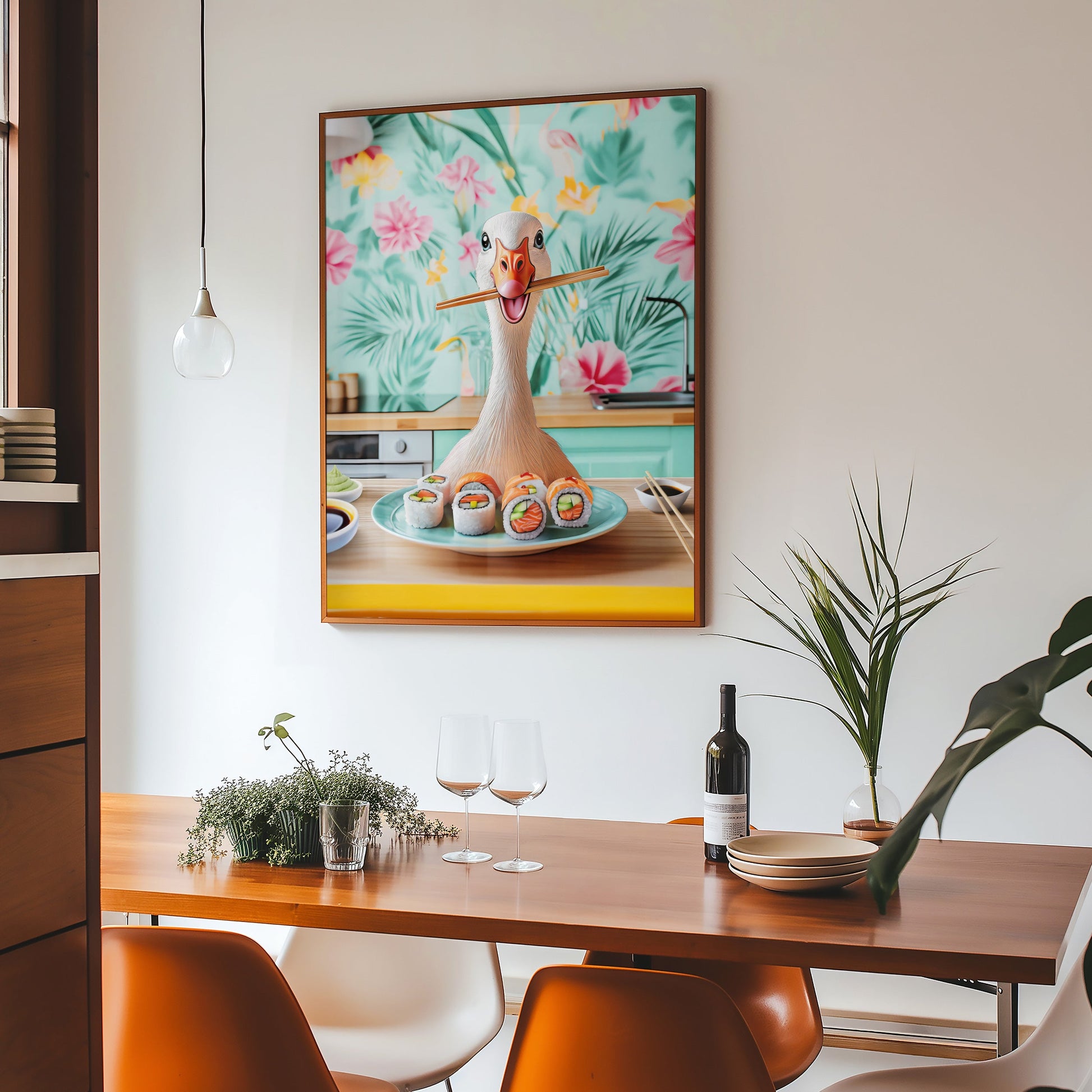 a painting of a giraffe sitting on top of a wooden table