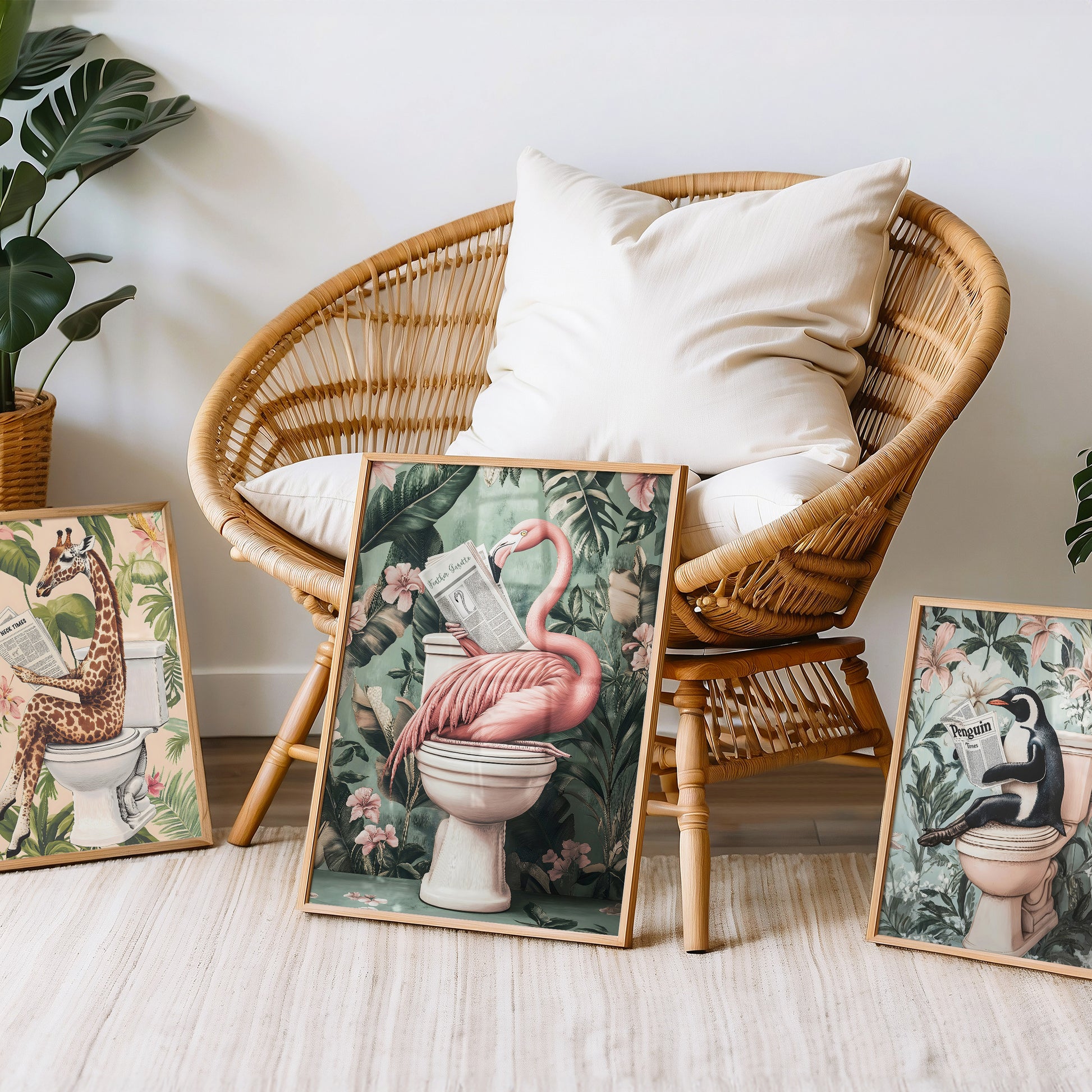 a wicker chair sitting next to a bunch of pictures