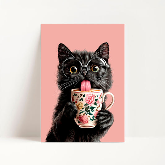 a card with a black cat sticking its tongue out