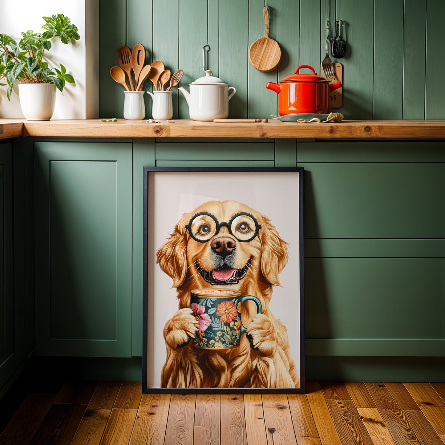 a picture of a dog with glasses holding a cup