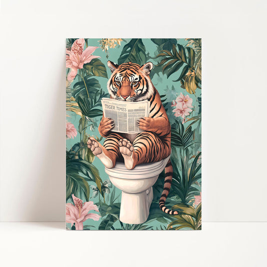 a picture of a tiger sitting on a toilet reading a book