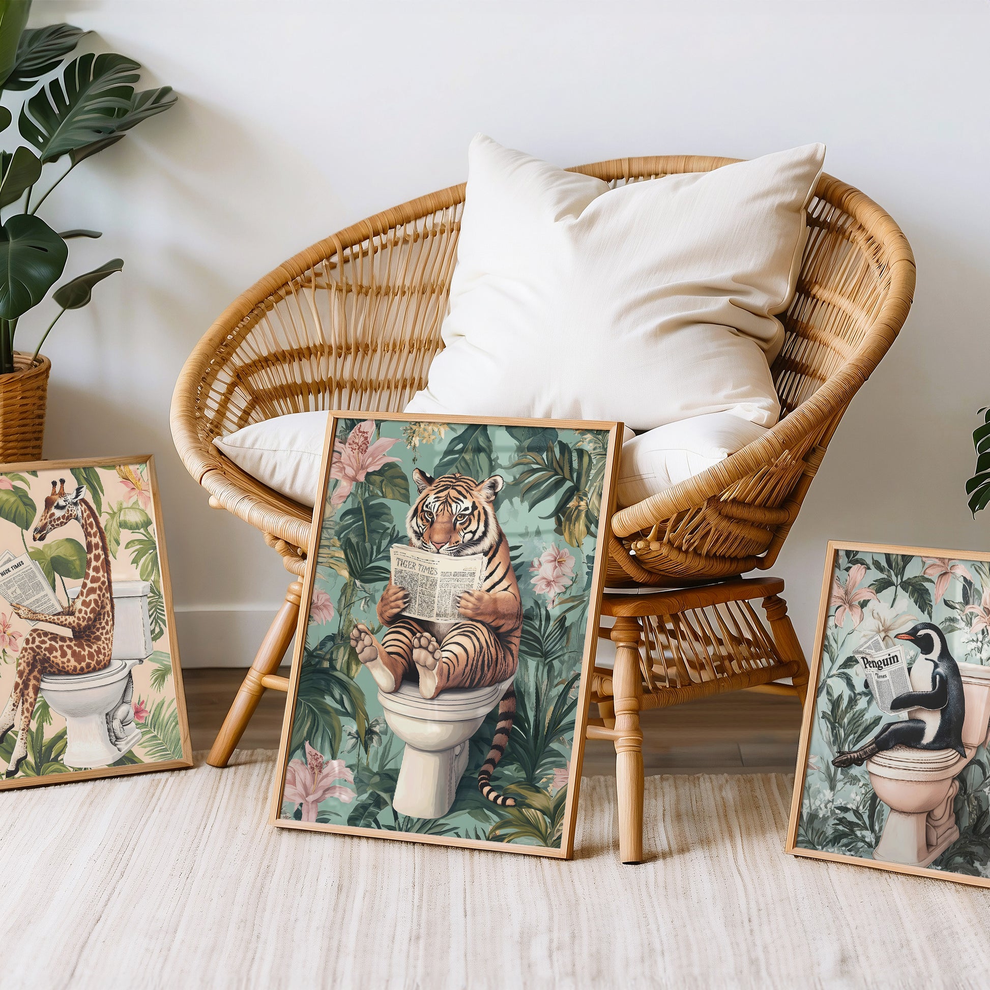 a wicker chair sitting next to a wall with pictures on it