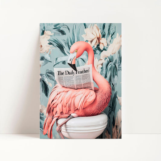 a pink flamingo sitting on top of a toilet