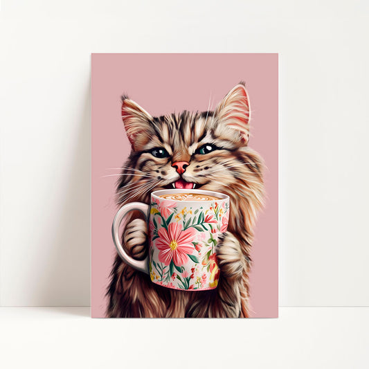 a painting of a cat holding a coffee cup