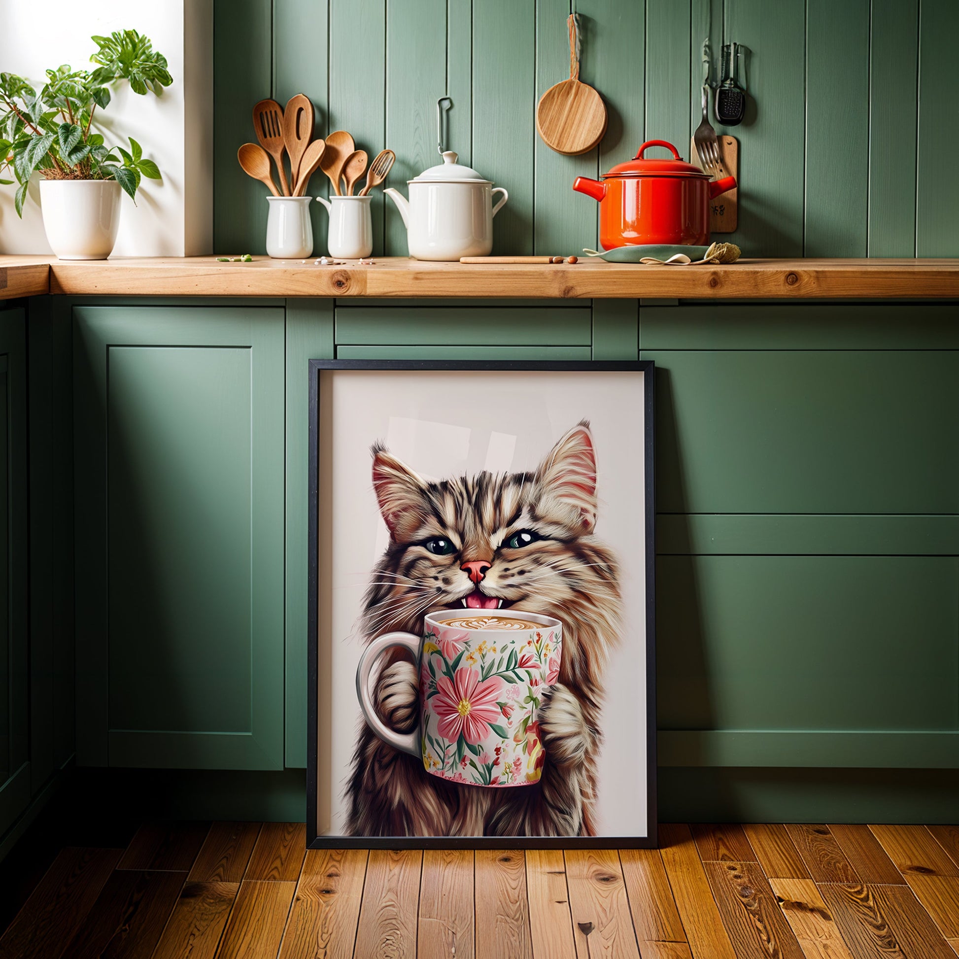 a picture of a cat holding a coffee cup