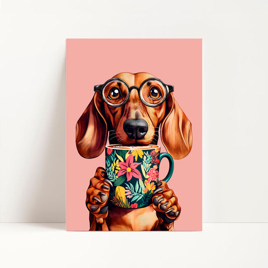 a card with a dachshund wearing glasses holding a coffee cup