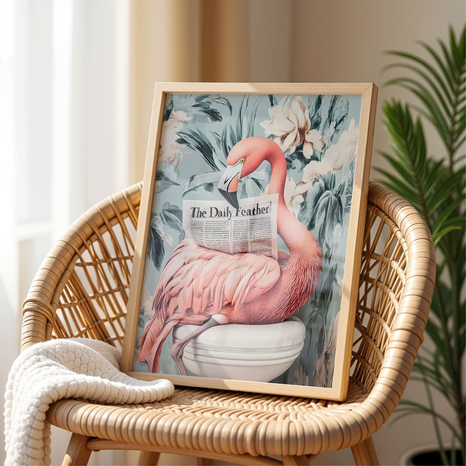 a picture of a pink flamingo sitting on a toilet