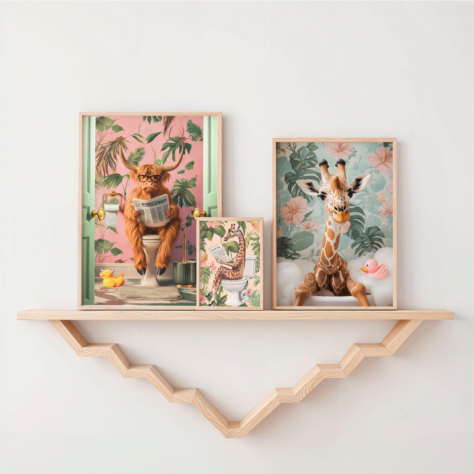 a shelf with two pictures and a giraffe on it