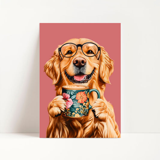 a painting of a dog wearing glasses holding a coffee cup