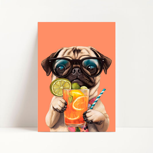 a card with a pug dog wearing glasses and holding a drink