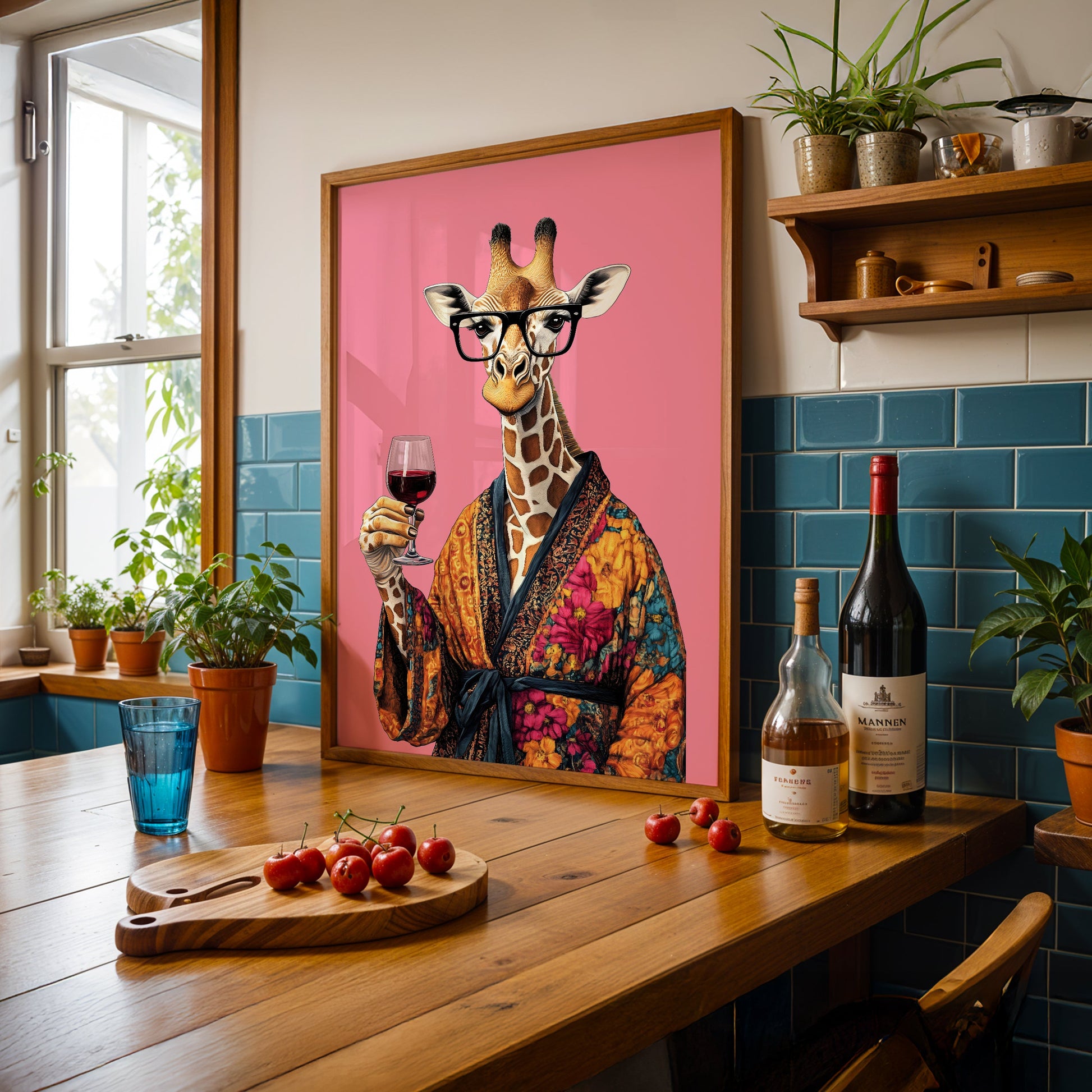 a painting of a giraffe holding a glass of wine