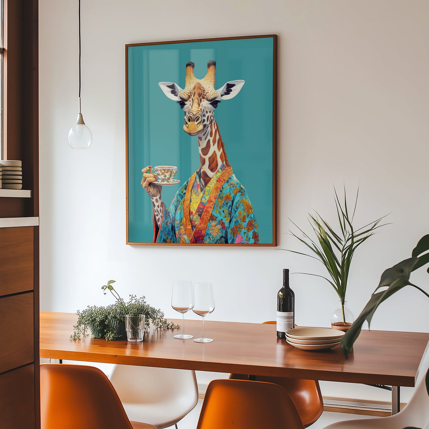 a picture of a giraffe on a wall above a table