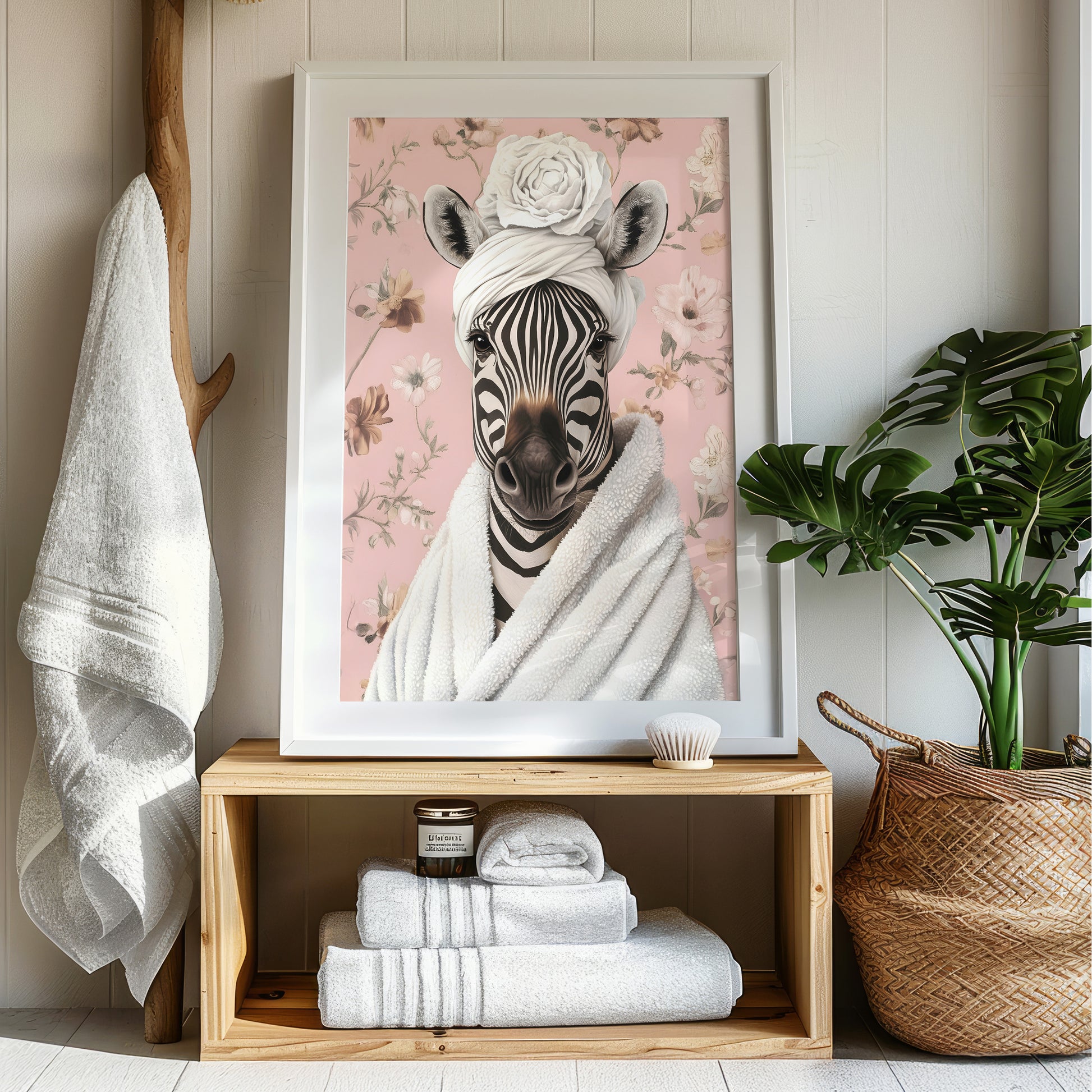 a picture of a zebra in a bathroom