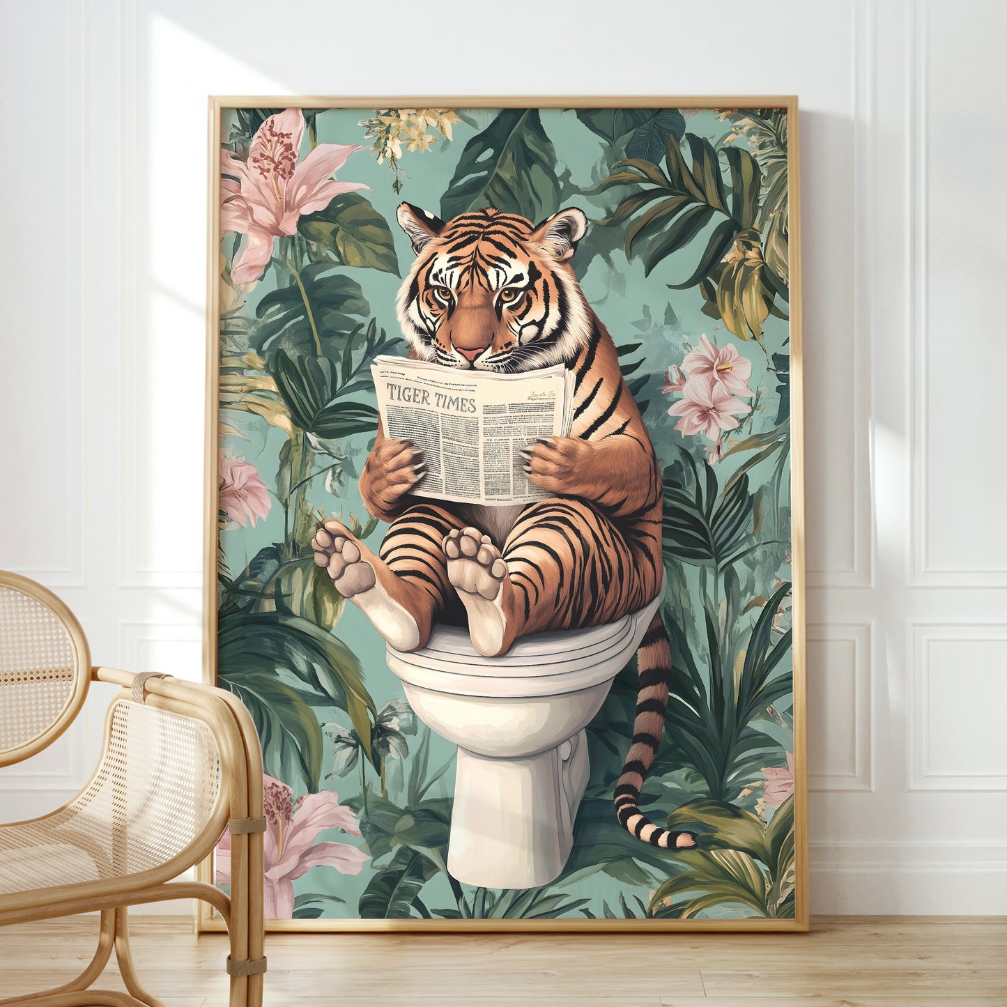 a painting of a tiger sitting on a toilet reading a newspaper