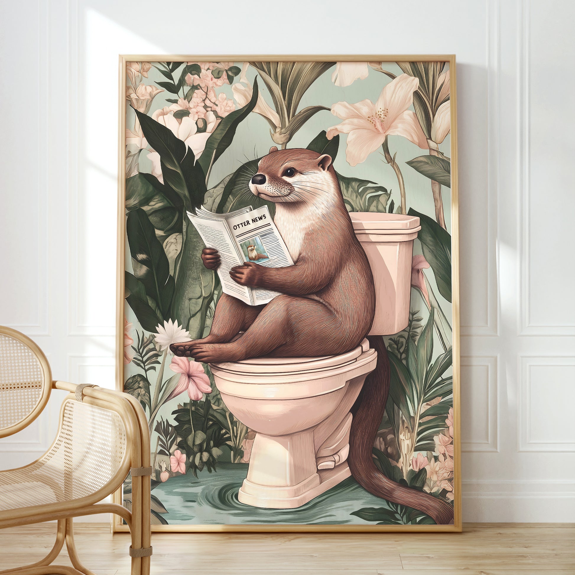 a painting of a raccoon sitting on a toilet reading a magazine