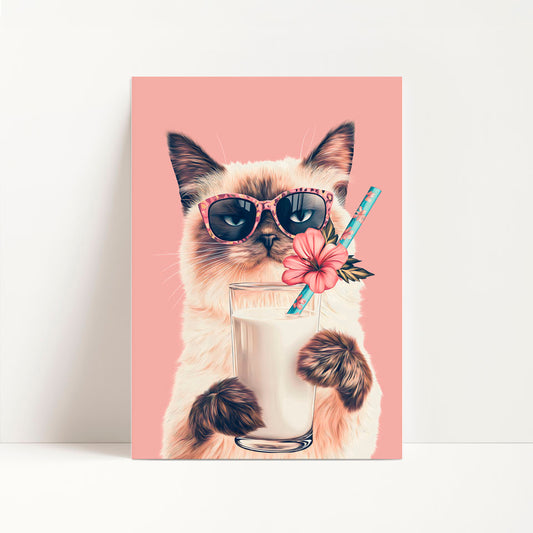 a card with a cat wearing sunglasses and holding a drink