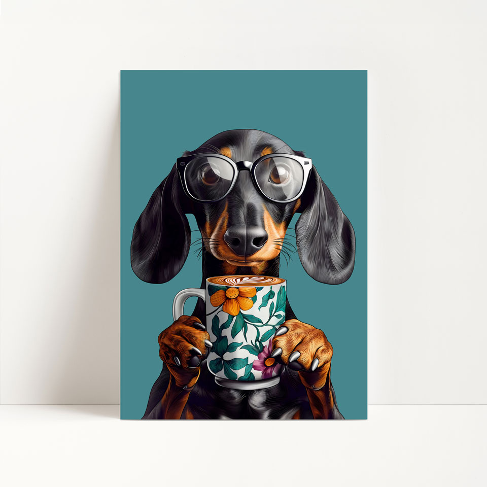 a dachshund dog wearing glasses holding a cup of coffee