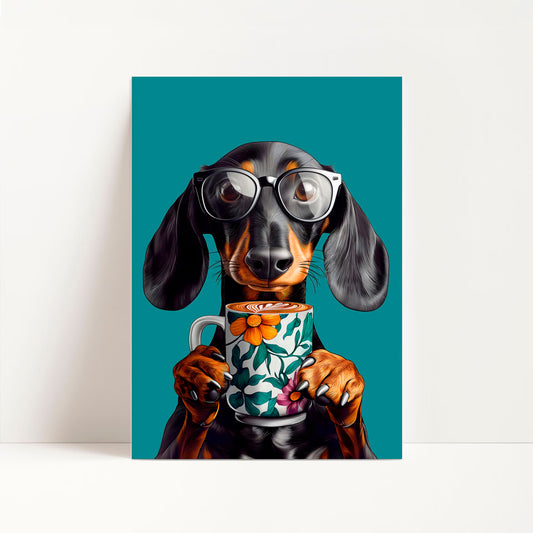 a dachshund dog wearing glasses holding a cup of coffee