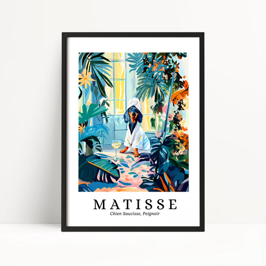 The image is a framed poster featuring a colorful illustration of a dog in a tropical setting, surrounded by lush foliage and flowers.