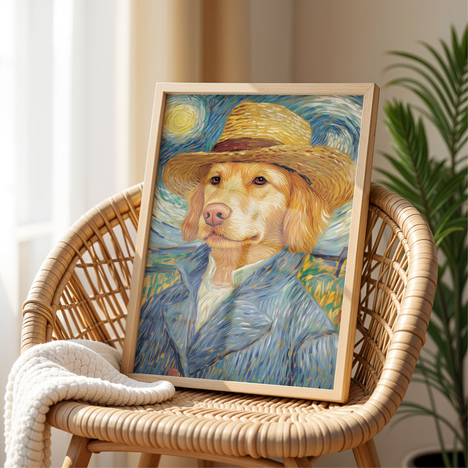 a painting of a dog wearing a straw hat