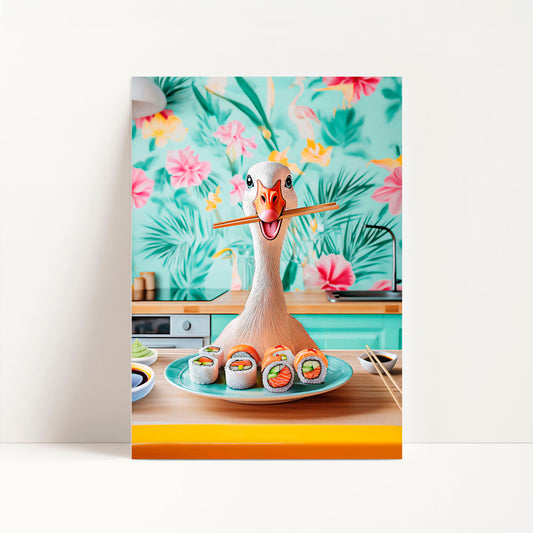 a picture of a duck with sushi on a plate