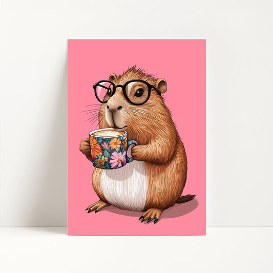 a card with a picture of a rodent holding a cup of coffee