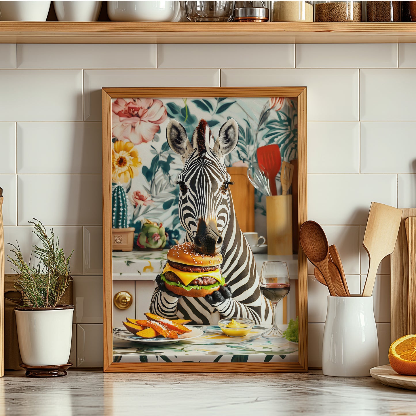 a picture of a zebra eating a hamburger