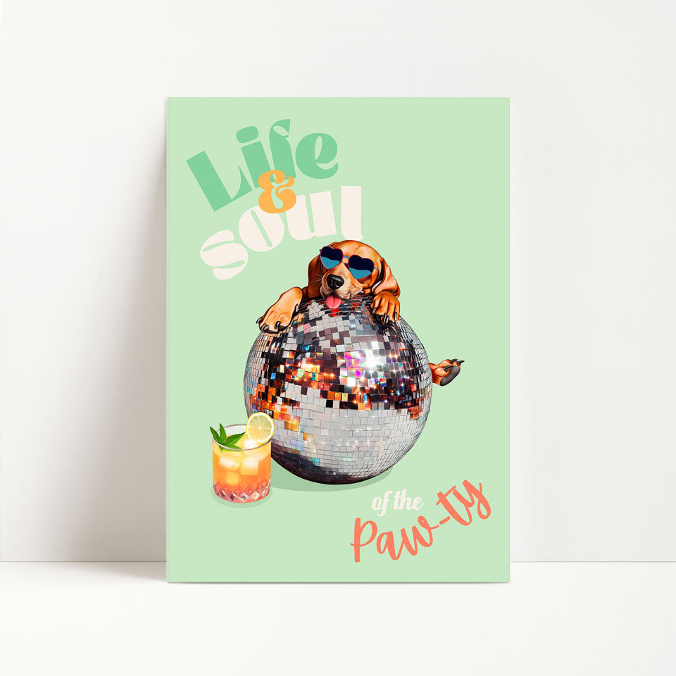 a poster of a disco ball and a drink