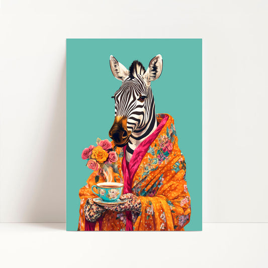 a picture of a zebra with a cup of tea