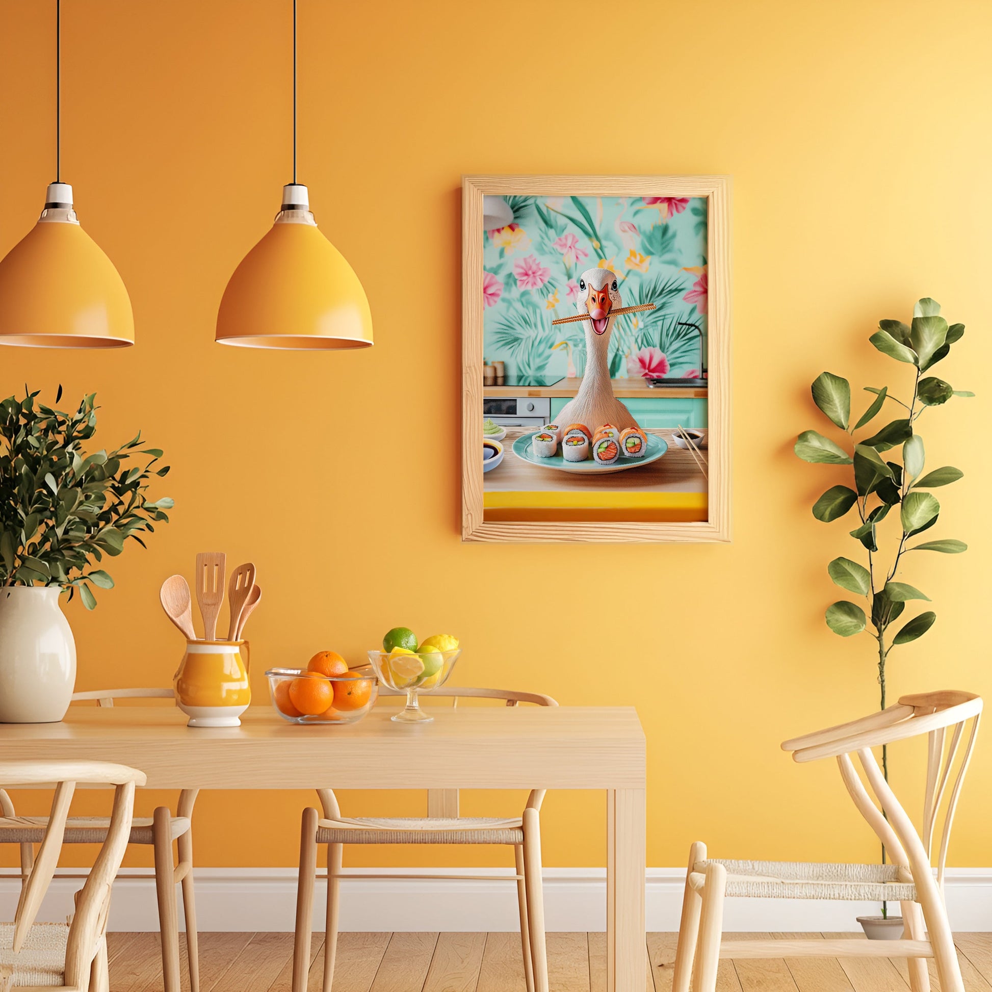 a dining room with a table and chairs and a painting on the wall