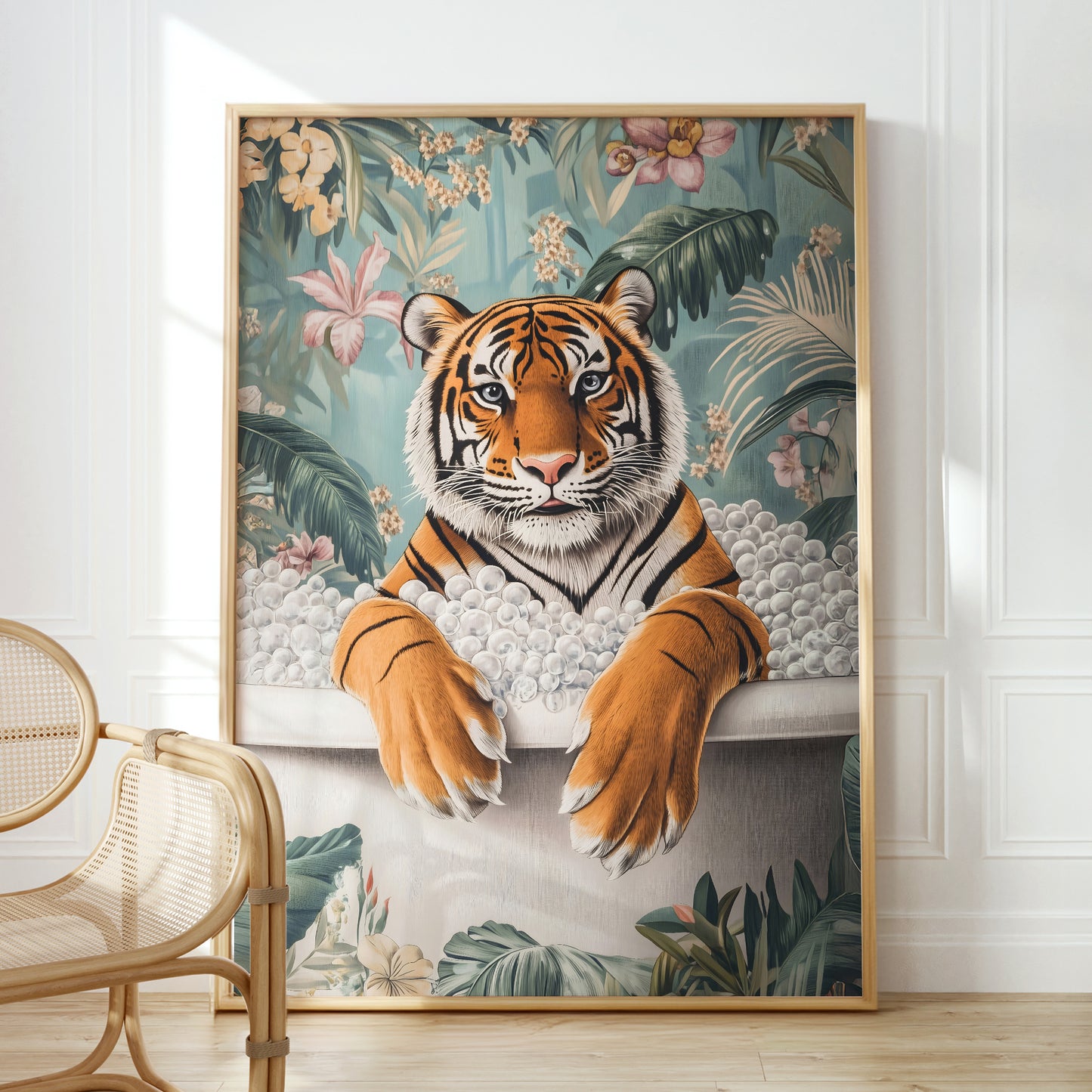 a painting of a tiger sitting in a bathtub