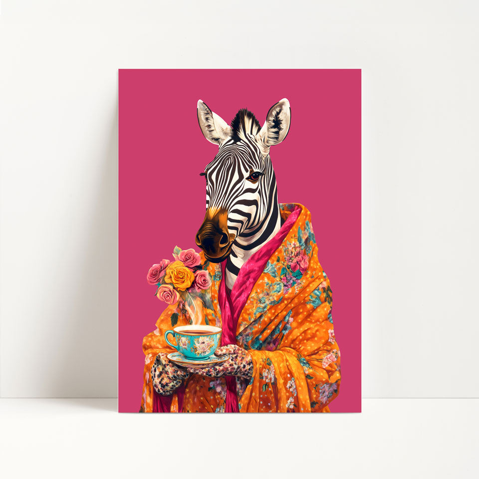 Zebra Drinking Tea Print
