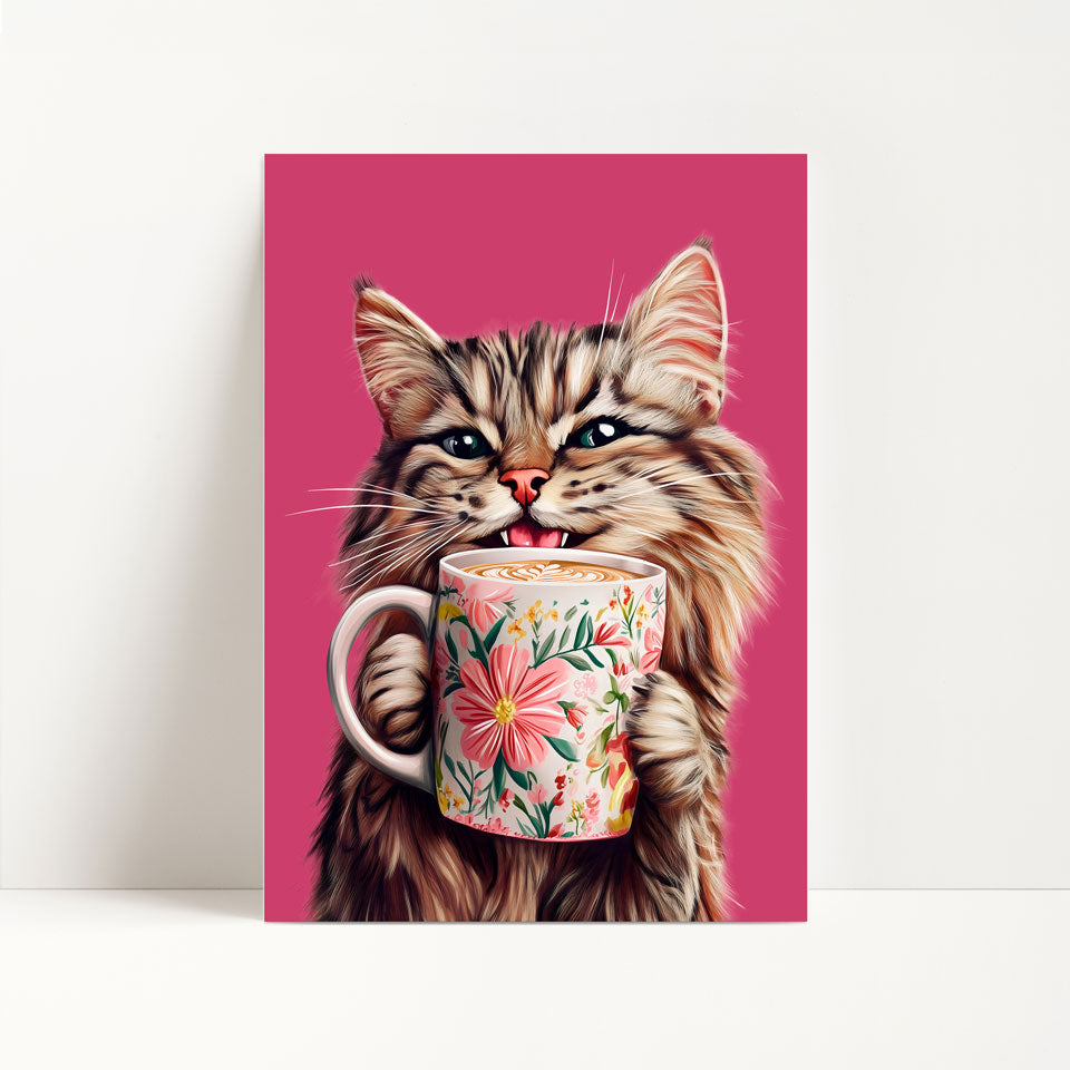 Tabby Cat Drinking Coffee Print