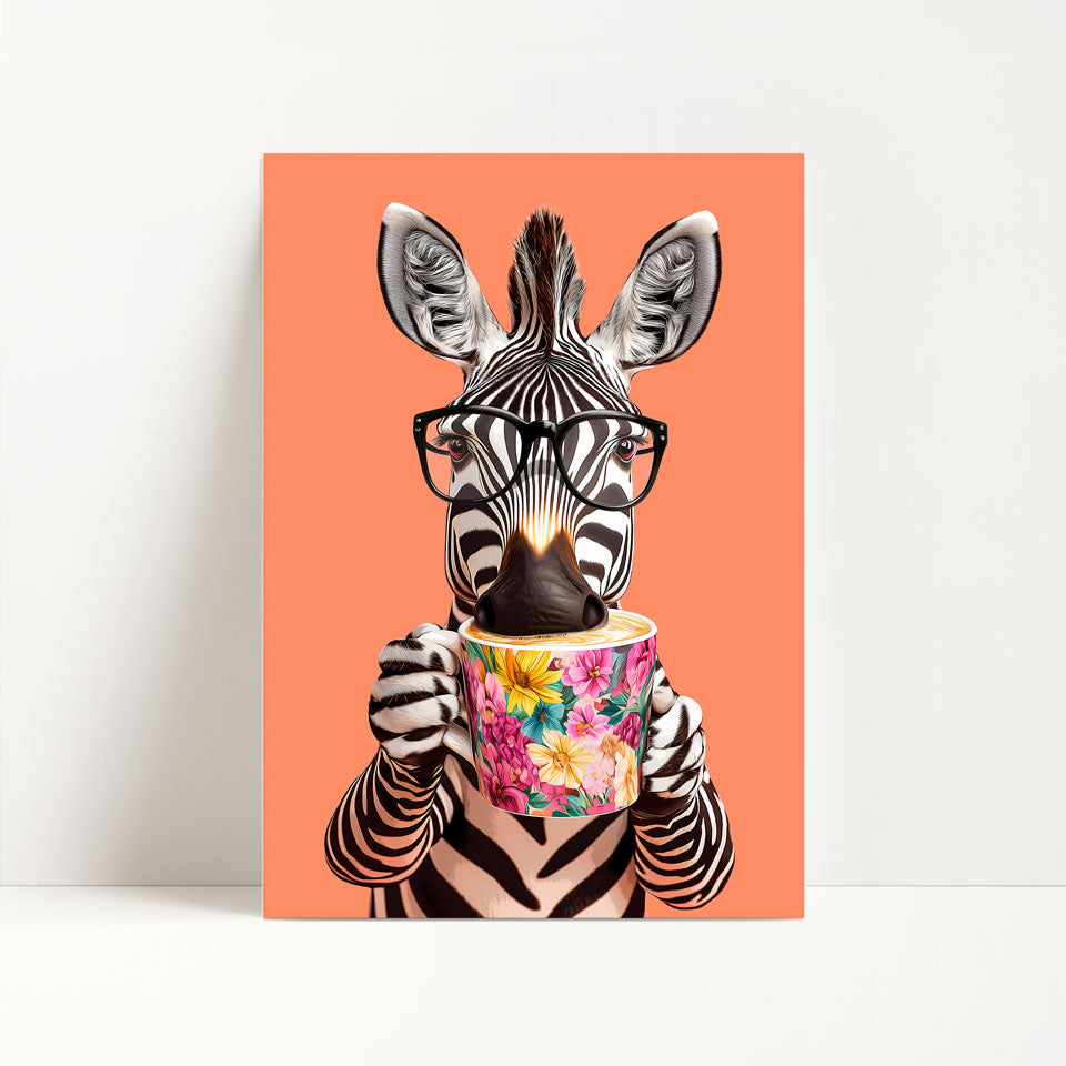 Zebra Drinking Coffee Print