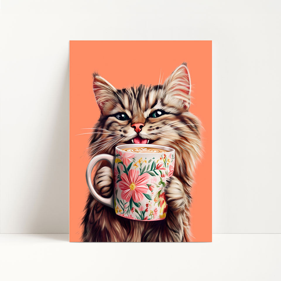 Tabby Cat Drinking Coffee Print
